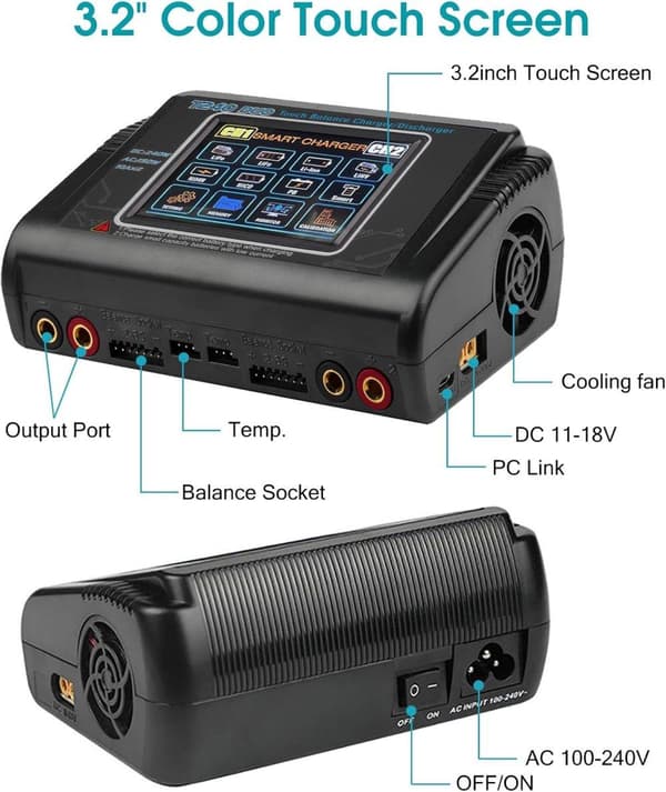 HTRC T240 DUO RC Smart oplader / balancer til Li-ion, LiPo, LiFe, LiHV, NiCd, NiMH, PB - Dobbelt multifunktionel oplader, AC 150W / DC 240W, 10A