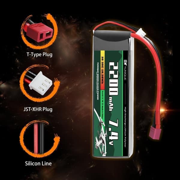 Lipo Batteri 2 Cells 7.4V 2200mAh 35C med T-PLUG-kontakt, silikonkabel och mjukt skal - Storlek 73X34X19 mm, Vikt 110g - Hög effekt för RC-modeller