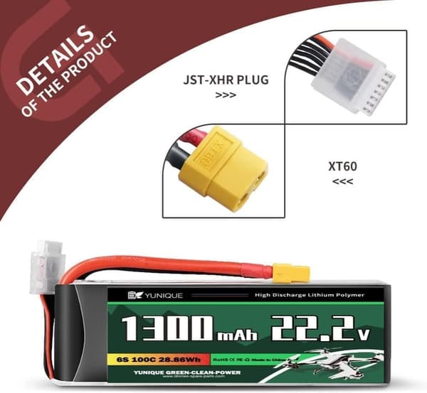 Lipo Batteri 6 Celler 22.2V 1300mAh 100C med XT60 stik, silikone kabel og blød skal - størrelse 74x38x38mm, vægt 265g - høj effekt til RC modeller