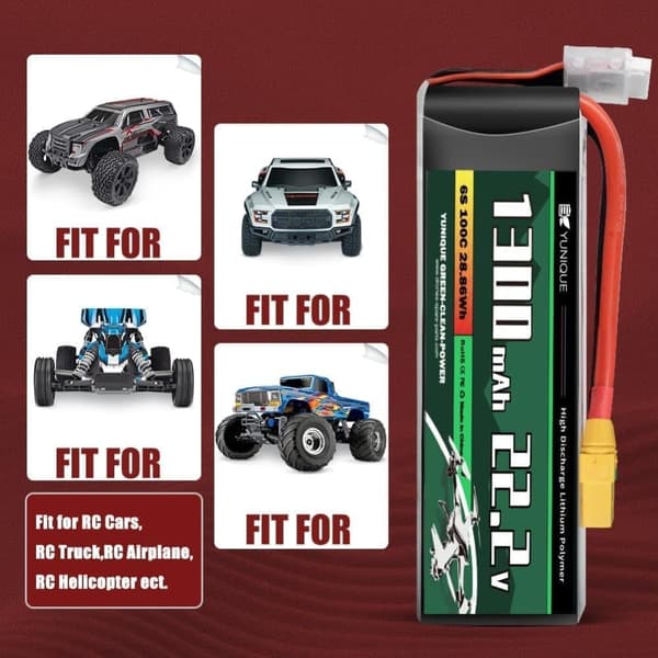 Lipo Batteri 6 Celler 22.2V 1300mAh 100C med XT60 stik, silikone kabel og blød skal - størrelse 74x38x38mm, vægt 265g - høj effekt til RC modeller