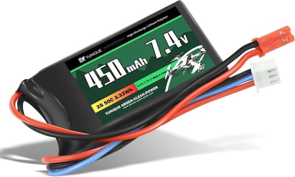 2-cellet Lipo batteri 7.4V 450mAh 50C med JST stik, silikone kabel og blød skal - størrelse 55x30x9mm, vægt 32g - høj effekt til RC modeller