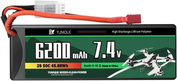 2-cellet Lipo batteri 7.4V 6200mAh 50C med T-PLUG stik, silikone kabel og hård skal - dimensioner 137x46x24mm, vægt 246g - høj effekt til RC-modeller