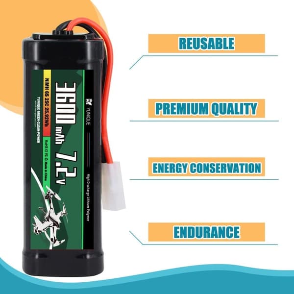 Genopladeligt NiMH-batteri 7,2V 3600mAh med Tamiya-tilslutning og silikonekabel - 6 celler - Dimensioner 135x47x24mm - Strøm til RC-modeller