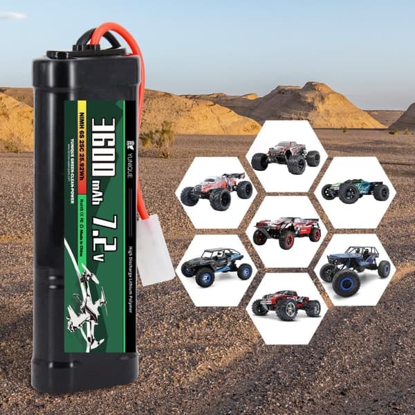 Genopladeligt NiMH-batteri 7,2V 3600mAh med Tamiya-tilslutning og silikonekabel - 6 celler - Dimensioner 135x47x24mm - Strøm til RC-modeller