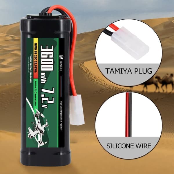 Genopladeligt NiMH-batteri 7,2V 3600mAh med Tamiya-tilslutning og silikonekabel - 6 celler - Dimensioner 135x47x24mm - Strøm til RC-modeller