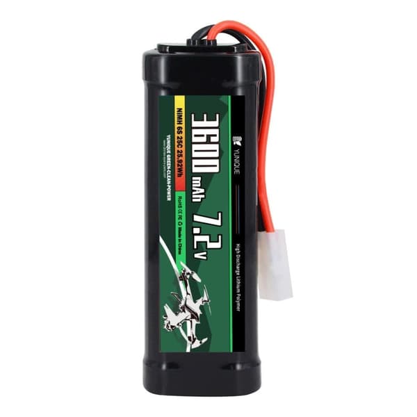 Genopladeligt NiMH-batteri 7,2V 3600mAh med Tamiya-tilslutning og silikonekabel - 6 celler - Dimensioner 135x47x24mm - Strøm til RC-modeller