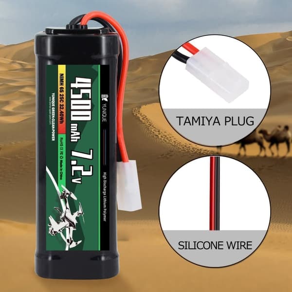 Uppladdningsbart NiMH-batteri 7.2V 4500mAh med Tamiya-anslutning och silikonkabel - 6 celler - Mått 135x47x24 mm - Ström för RC-modeller