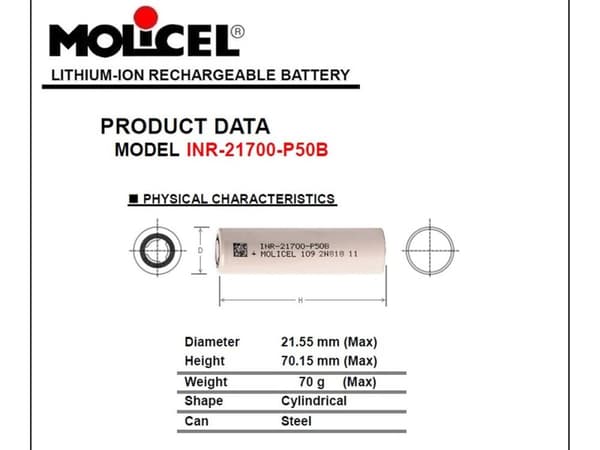 Molicel INR21700-P50B 5000mAh 3.6V Li-ion