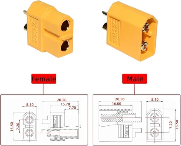 2x XT60 Seriekabel + 4x XT60 Kontakter – Tillbehör till Fjärrstyrda Leksaker Strömadapter