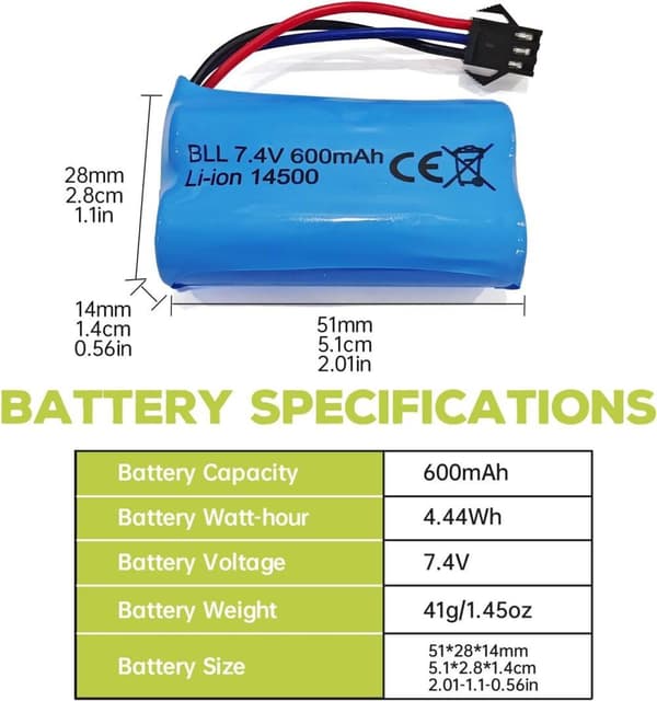 1 stk 7.4V 600mAh Li-ion batteri + USB-oplader SM-3P – Velegnet til RC Car DE82, TK3086B, TK-3082B Tilbehør til RC legetøjsbatterier