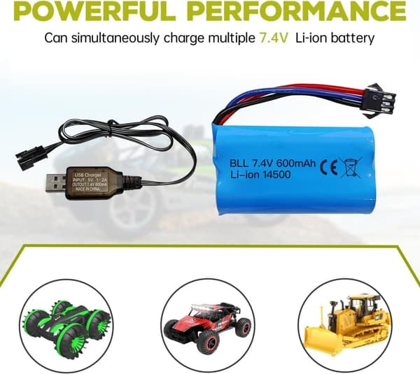 1 stk 7.4V 600mAh Li-ion batteri + USB-oplader SM-3P – Velegnet til RC Car DE82, TK3086B, TK-3082B Tilbehør til RC legetøjsbatterier