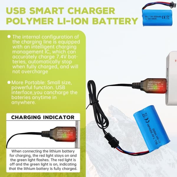 1 stk 7.4V 600mAh Li-ion batteri + USB-oplader SM-3P – Velegnet til RC Car DE82, TK3086B, TK-3082B Tilbehør til RC legetøjsbatterier