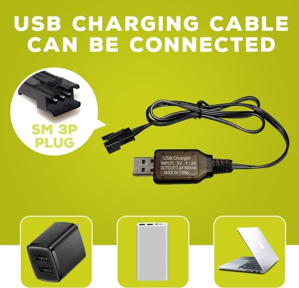 1 stk 7.4V 600mAh Li-ion batteri + USB-oplader SM-3P – Velegnet til RC Car DE82, TK3086B, TK-3082B Tilbehør til RC legetøjsbatterier
