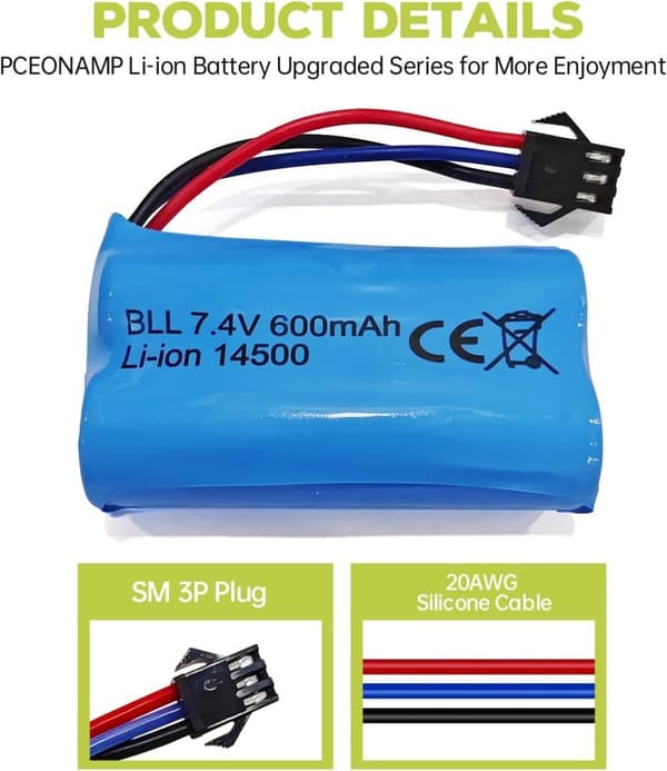 1 stk 7.4V 600mAh Li-ion batteri + USB-oplader SM-3P – Velegnet til RC Car DE82, TK3086B, TK-3082B Tilbehør til RC legetøjsbatterier