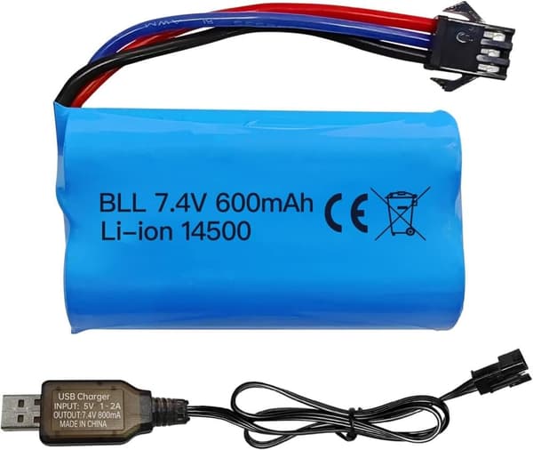 1 stk 7.4V 600mAh Li-ion batteri + USB-oplader SM-3P – Velegnet til RC Car DE82, TK3086B, TK-3082B Tilbehør til RC legetøjsbatterier