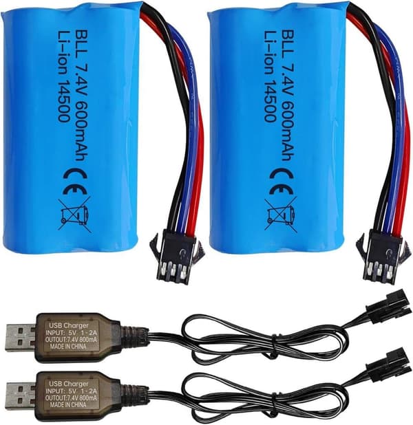 2 stk 7.4V 600mAh Li-ion batteri + USB-oplader SM-3P – Velegnet til RC Car DE82, TK3086B, TK-3082B Tilbehør til RC legetøjsbatterier
