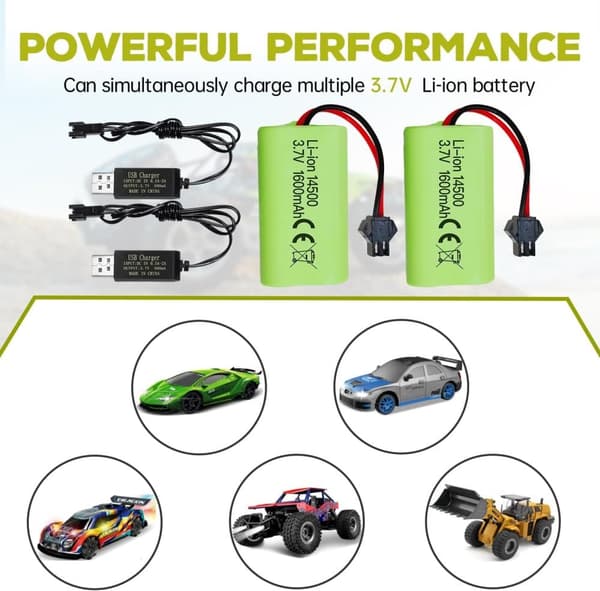 2 stk 3.7V 1600mAh Li-ion batterier + USB-kabler SM-2P - Velegnet til RC bil 9962, 8837 fjernstyret legetøj batterier