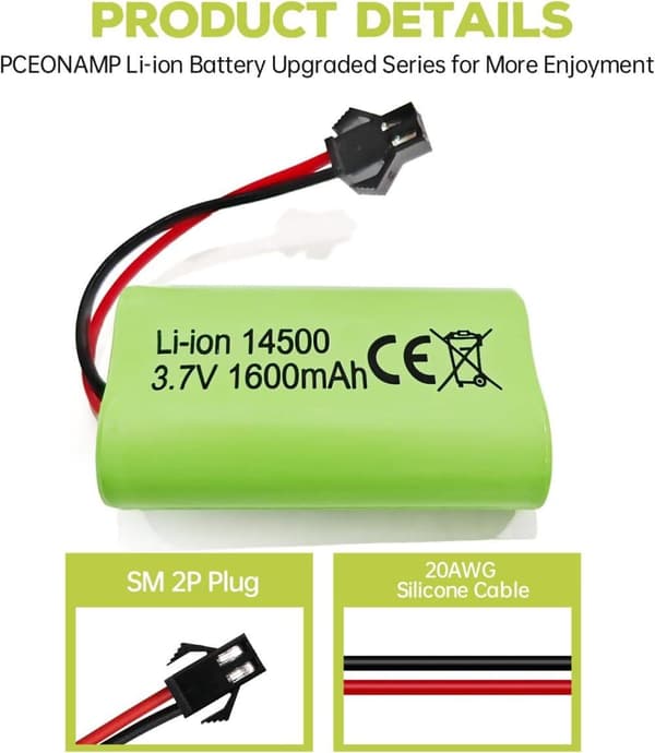 2 stk 3.7V 1600mAh Li-ion batterier + USB-kabler SM-2P - Velegnet til RC bil 9962, 8837 fjernstyret legetøj batterier