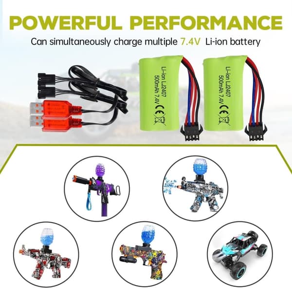 2 stk 7.4V 500mAh lithiumbatterier + USB-oplader - Høj hastighed - Velegnet til EC16, DE85 RC båd, bil - tilbehør til fjernstyret legetøj batterier