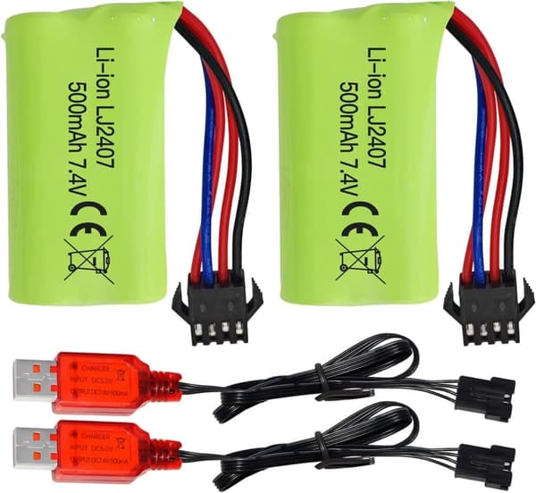 2 stk 7.4V 500mAh lithiumbatterier + USB-oplader - Høj hastighed - Velegnet til EC16, DE85 RC båd, bil - tilbehør til fjernstyret legetøj batterier