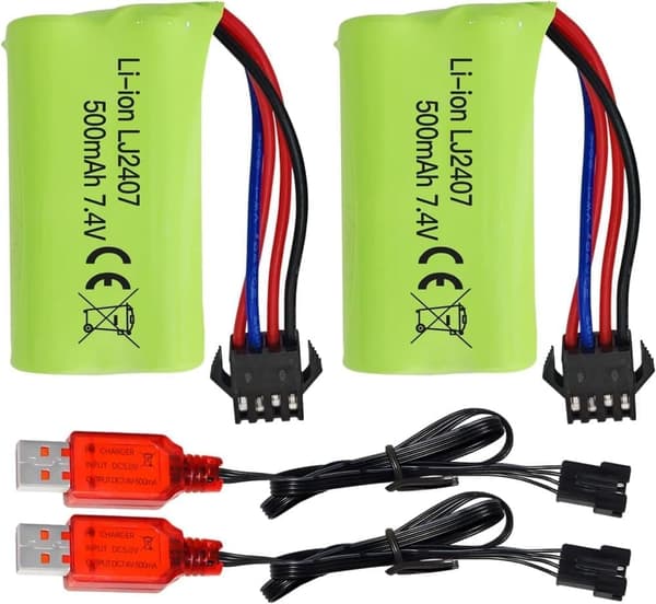 2 stk 7.4V 500mAh lithiumbatterier + USB-oplader - Høj hastighed - Velegnet til EC16, DE85 RC båd, bil - tilbehør til fjernstyret legetøj batterier