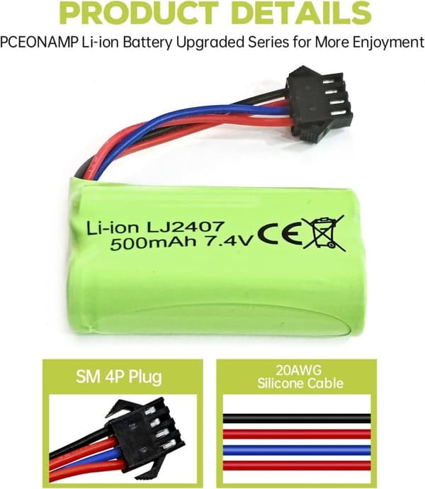 1 stk 7.4V 500mAh lithiumbatterier + USB-oplader - Høj hastighed - Velegnet til EC16, DE85 RC båd, bil - tilbehør til fjernstyret legetøj batterier