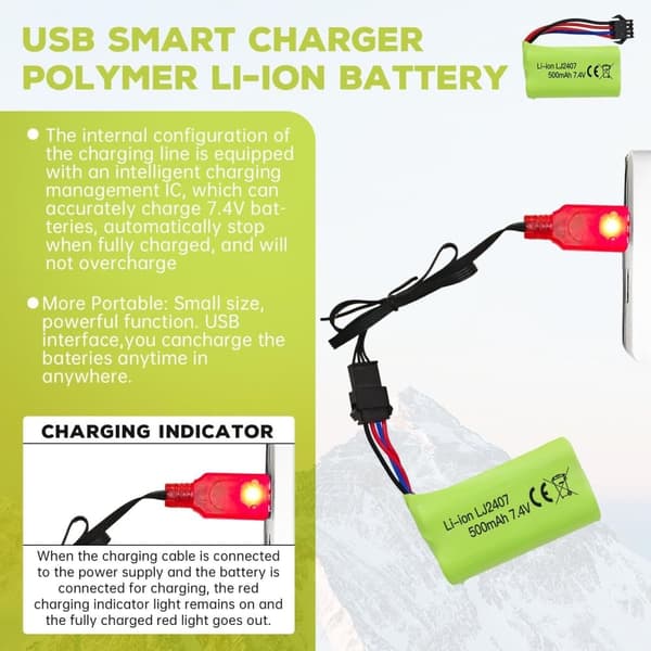 1 stk 7.4V 500mAh lithiumbatterier + USB-oplader - Høj hastighed - Velegnet til EC16, DE85 RC båd, bil - tilbehør til fjernstyret legetøj batterier