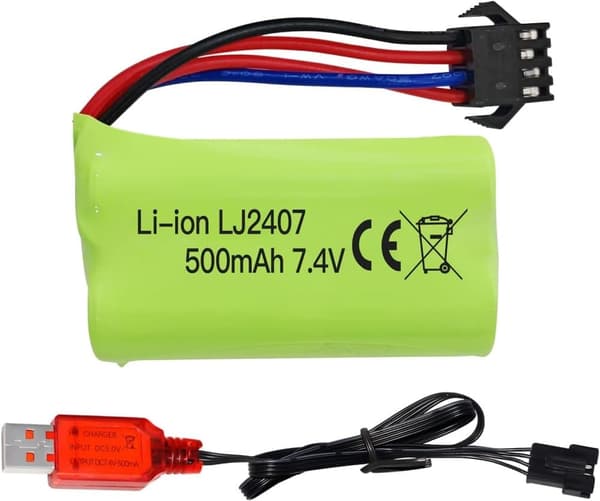 1 stk 7.4V 500mAh lithiumbatterier + USB-oplader - Høj hastighed - Velegnet til EC16, DE85 RC båd, bil - tilbehør til fjernstyret legetøj batterier