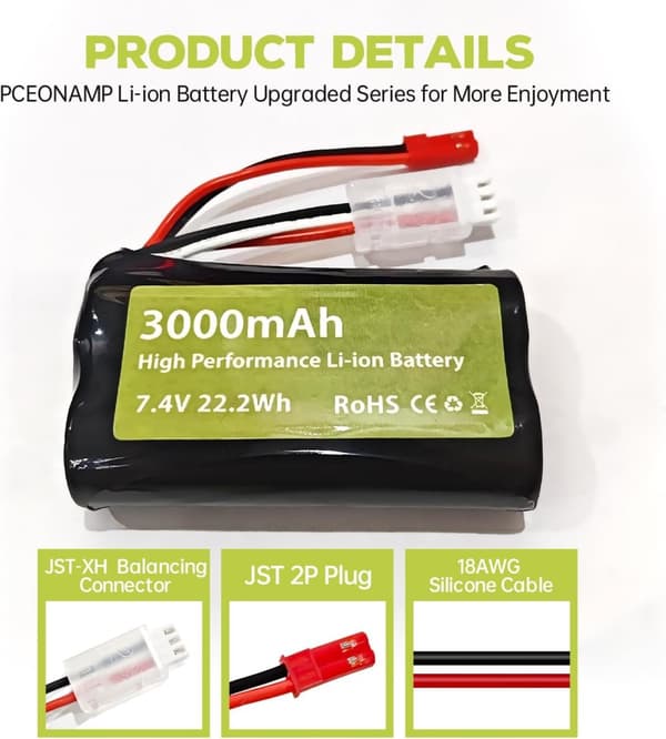 2 stk 7.4V 3000mAh 15C Li-ion batterier med JST-2P + 2-i-1 oplader - Velegnet til UDIRC UD1601, UD1602 - Tilbehør til fjernbetjent legetøj batterier