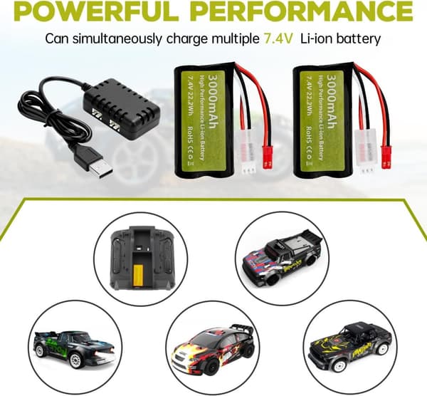 2 stk 7.4V 3000mAh 15C Li-ion batterier med JST-2P + 2-i-1 oplader - Velegnet til UDIRC UD1601, UD1602 - Tilbehør til fjernbetjent legetøj batterier