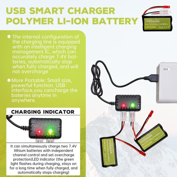 2 stk 7.4V 3000mAh 15C Li-ion batterier med JST-2P + 2-i-1 oplader - Velegnet til UDIRC UD1601, UD1602 - Tilbehør til fjernbetjent legetøj batterier
