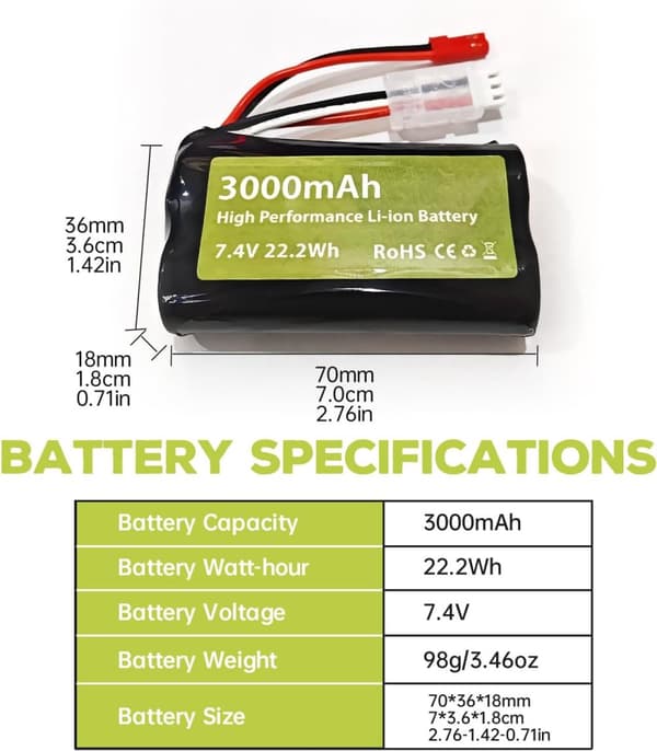 2 stk 7.4V 3000mAh 15C Li-ion batterier med JST-2P + 2-i-1 oplader - Velegnet til UDIRC UD1601, UD1602 - Tilbehør til fjernbetjent legetøj batterier