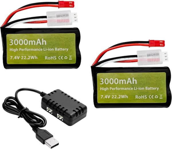 2 stk 7.4V 3000mAh 15C Li-ion batterier med JST-2P + 2-i-1 oplader - Velegnet til UDIRC UD1601, UD1602 - Tilbehør til fjernbetjent legetøj batterier