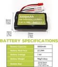 Miniatyrbillede 3 af 8: 7.4V 3000mAh 15C Li-ion batteri med JST-2P + USB-opladningskabel - Velegnet til UDIRC UD1601 - Tilbehør til batterier til fjernstyret legetøj