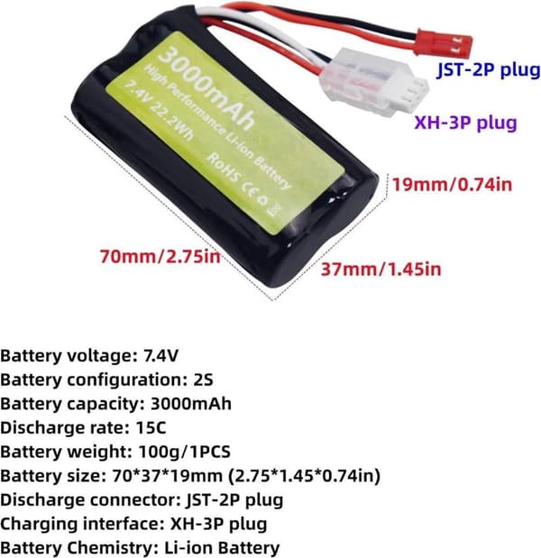 7.4V 3000mAh 15C Li-ion batteri med JST-2P + USB-opladningskabel - Velegnet til UDIRC UD1601 - Tilbehør til batterier til fjernstyret legetøj