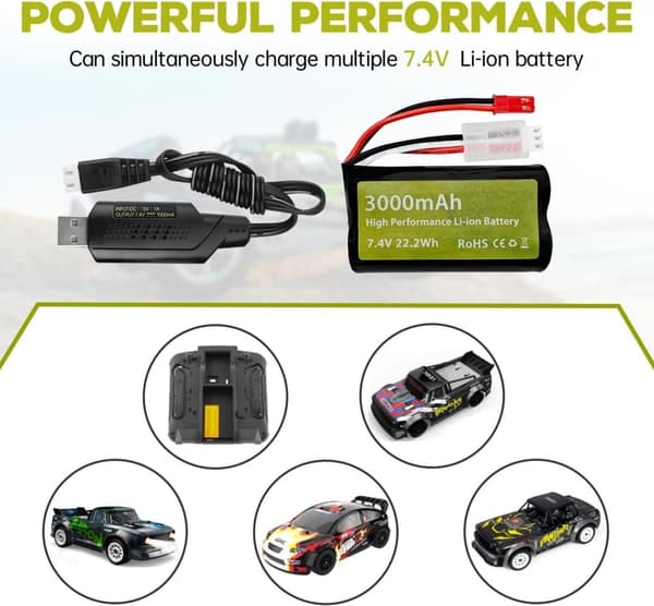 7.4V 3000mAh 15C Li-ion batteri med JST-2P + USB-opladningskabel - Velegnet til UDIRC UD1601 - Tilbehør til batterier til fjernstyret legetøj