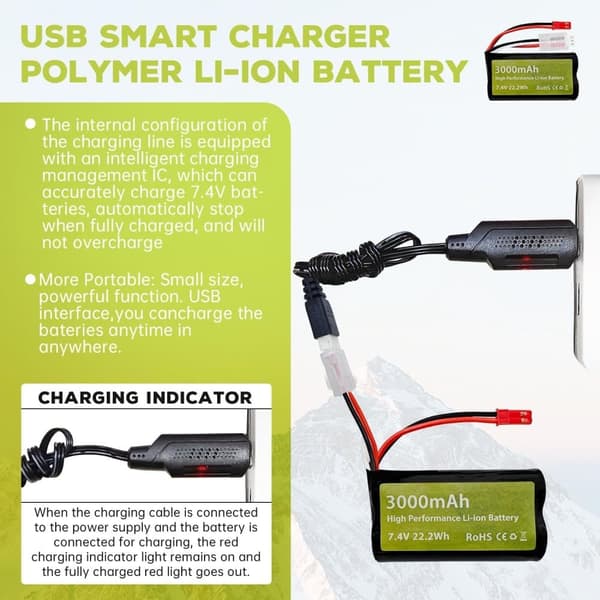 7.4V 3000mAh 15C Li-ion batteri med JST-2P + USB-opladningskabel - Velegnet til UDIRC UD1601 - Tilbehør til batterier til fjernstyret legetøj