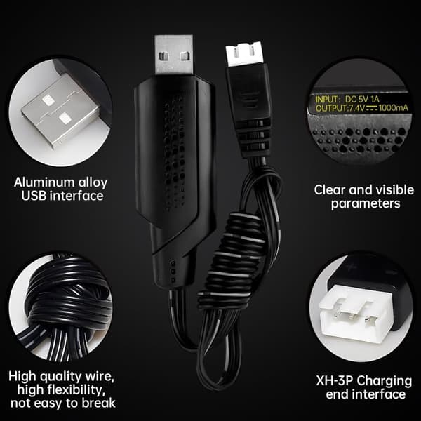 7.4V 3000mAh 15C Li-ion batteri med JST-2P + USB-opladningskabel - Velegnet til UDIRC UD1601 - Tilbehør til batterier til fjernstyret legetøj