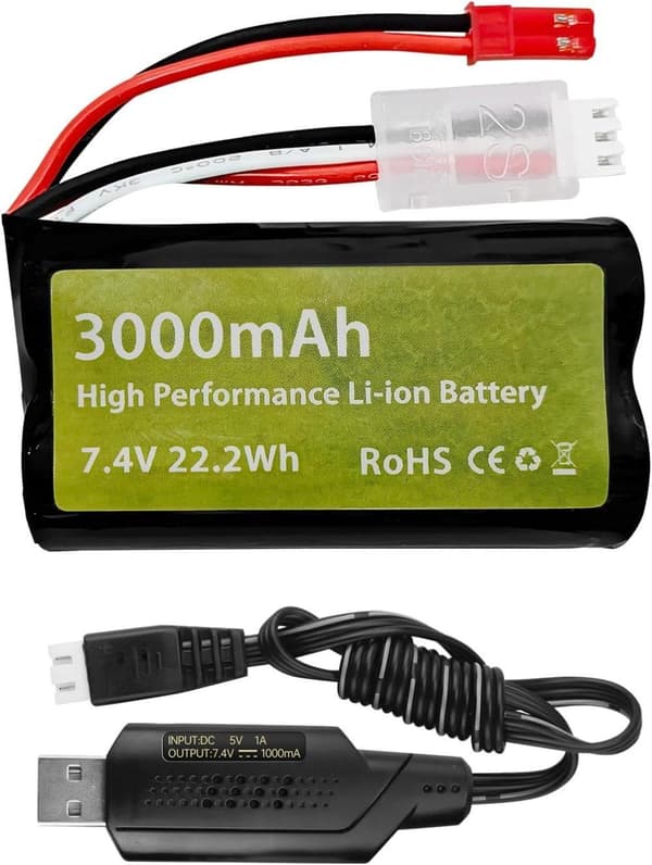 7.4V 3000mAh 15C Li-ion batteri med JST-2P + USB-opladningskabel - Velegnet til UDIRC UD1601 - Tilbehør til batterier til fjernstyret legetøj