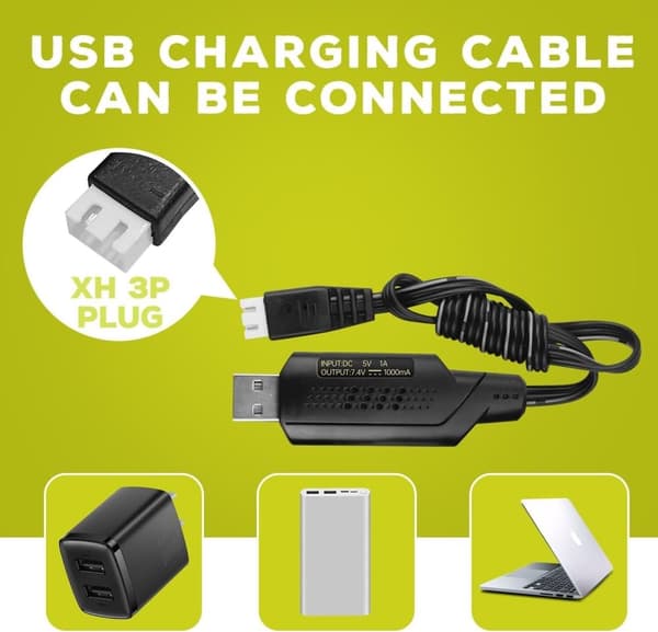 7.4V 3000mAh 15C Li-ion batteri med T-stik + USB-opladningskabel - Passer til WLtoys 12423 - Tilbehør til fjernbetjent legetøj batterier