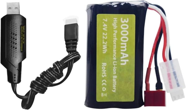 7.4V 3000mAh 15C Li-ion batteri med T-stik + USB-opladningskabel - Passer til WLtoys 12423 - Tilbehør til fjernbetjent legetøj batterier
