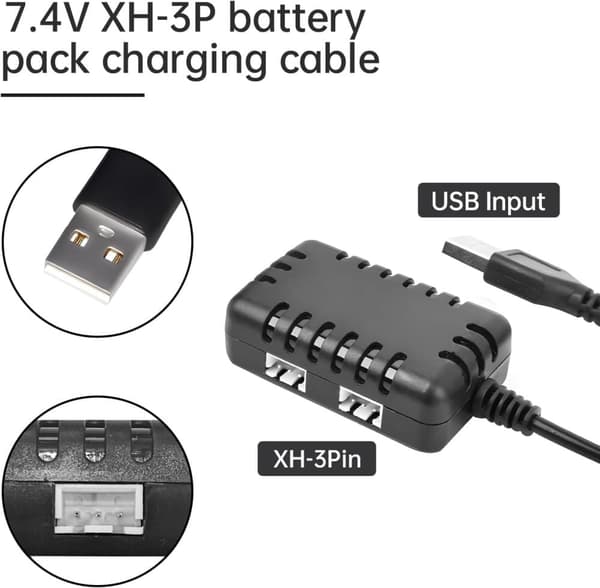 2 stk 7.4V 3000mAh 15C Li-ion batterier med T-stik + 2-i-1 USB-oplader - Passer til WLtoys 12423 - Tilbehør til fjernstyret legetøj batterier