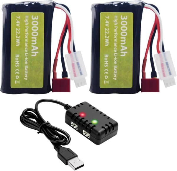 2 stk 7.4V 3000mAh 15C Li-ion batterier med T-stik + 2-i-1 USB-oplader - Passer til WLtoys 12423 - Tilbehør til fjernstyret legetøj batterier