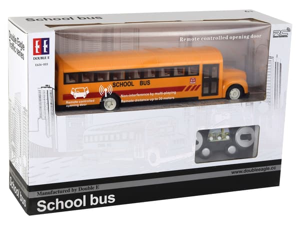 Gul fjernstyret R/C skolebus med åbne døre