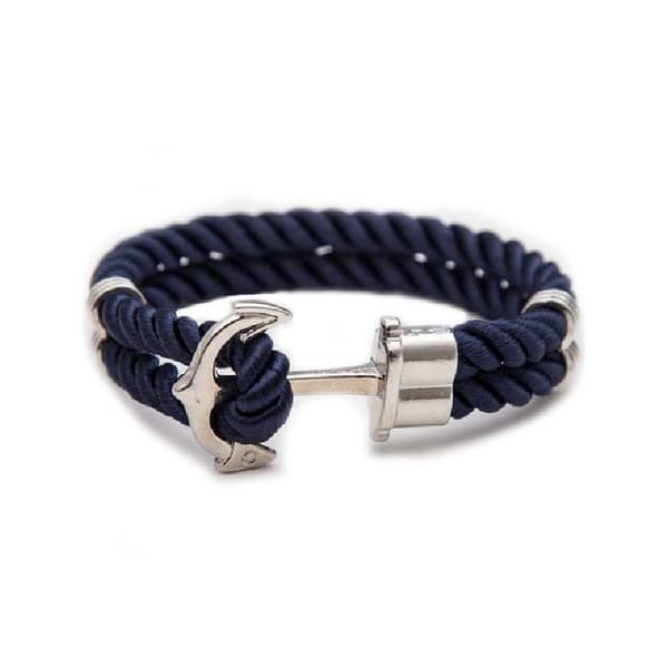 Handgjort Läderarmband Mörkblått Rep Ankare i Silver