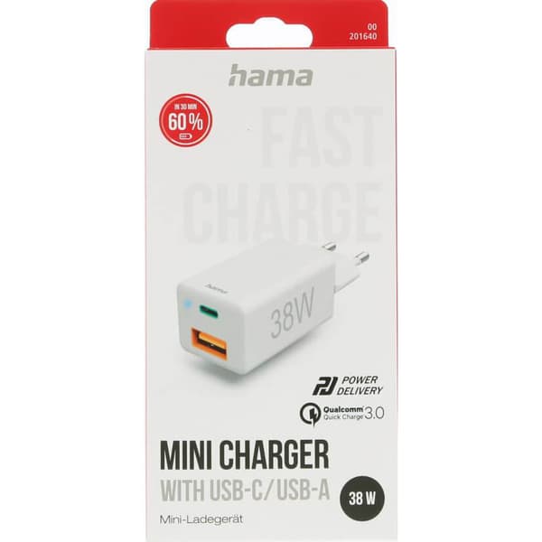 Minilader USB-C + USB-A Qualcomm 3.0 38W Hvit