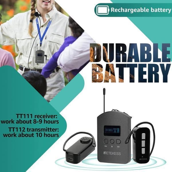 Retecess TT112 Tour Guide System, 36 kanaler, enkelt och grundläggande, bärbart trådlöst ljudheadset, 200 m, för turism, fabrik