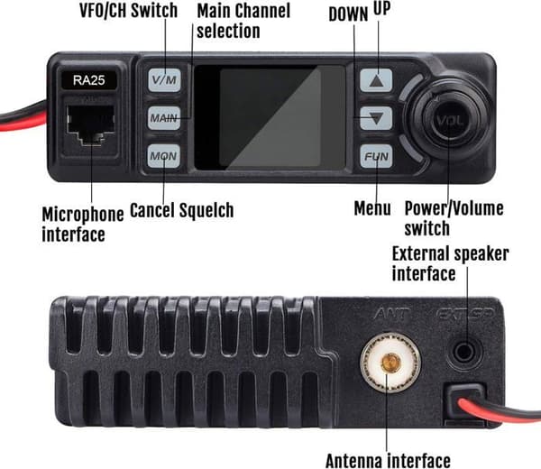 Retevis RA25 Mobile Transceiver, Dual Monitor, 5W/20W, 500 Channel, FM Radio, 5Tone/2Tone/DTMF, 1,44 tum TFT Display