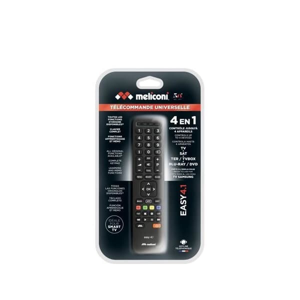 Meliconi - EASY 4.1 universalfjärrkontroll för 4 TV-enheter, SAT, TNT, DVD, BOX - 100 % originalfunktioner - Smart Tv-knappar