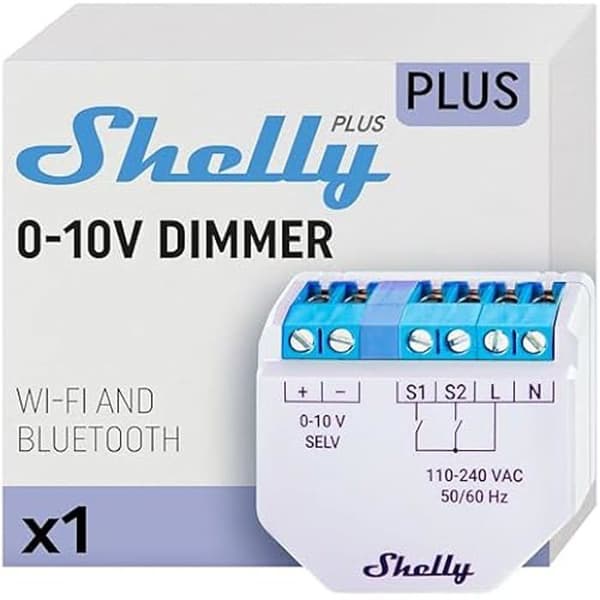 Shelly Plus 0-10V Dimmer | Ansluten ljusdimmermodul | Wi-Fi &amp; Bluetooth | Trådlös dimmerbrytare | Kompatibel Blå, Grå